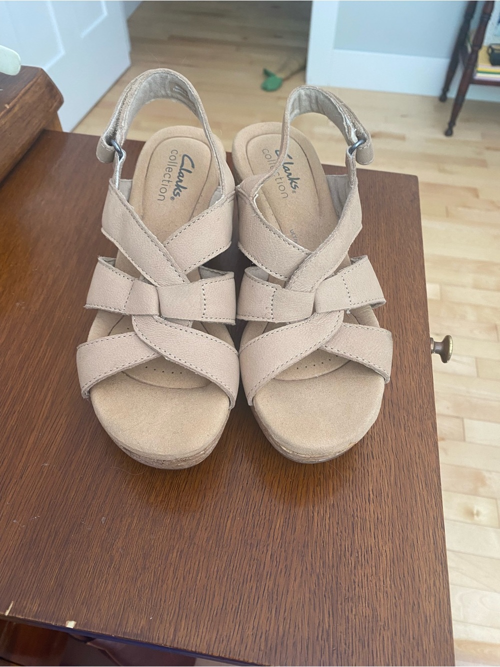 Clarks Neutral Tan Crisscross Wedge Sandals